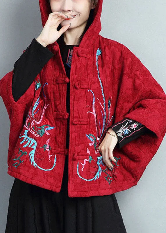 Women's Coats with Fur Trimmed BeltPlus Size Red Hooded Embroideried Warm Fleece Coat Batwing Sleeve