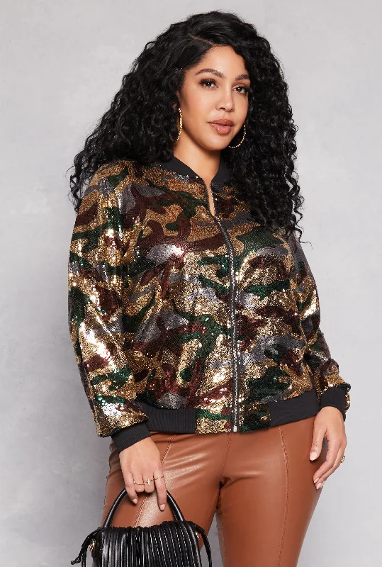 Women's Long CoatsPlus Size Sequin Camo Bomber Jacket