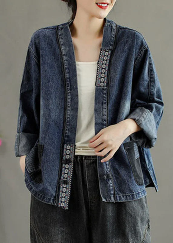 Women's Coats with ButtonsLuxury Black Embroideried Pockets Button Patchwork Fall Denim Coat