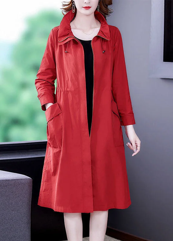 Women's Trench CoatsModern Red Stand Collar Zip Up Silk Coat Outwear Long Sleeve