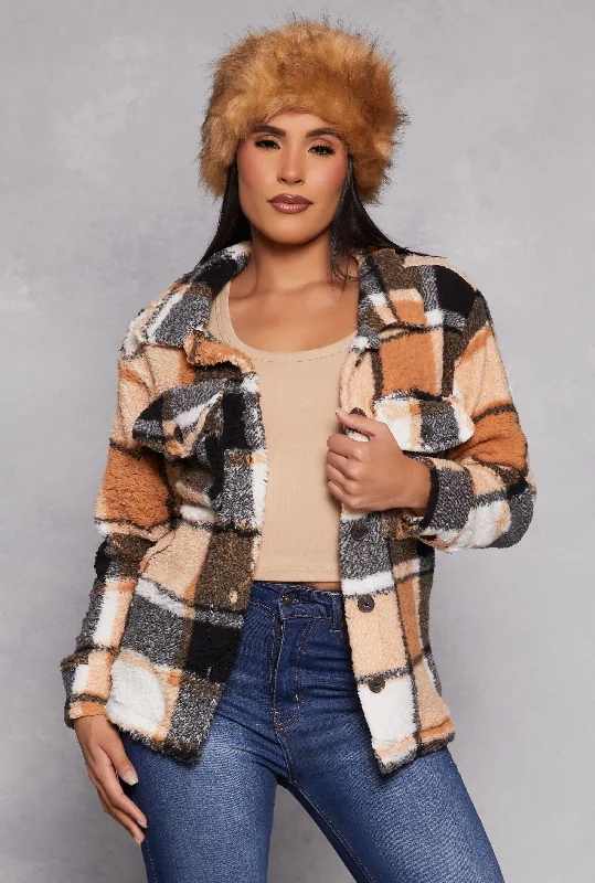 Women's Coats with ZipperPlaid Sherpa Button Front Shacket