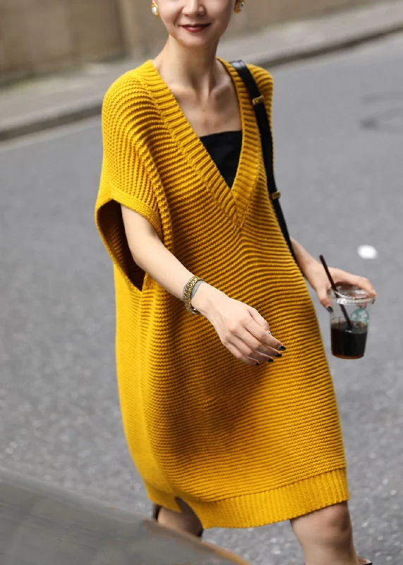 Women's Coats with Fur TrimmedLoose Yellow V Neck Side Open Knit Waistcoat Dress Fall