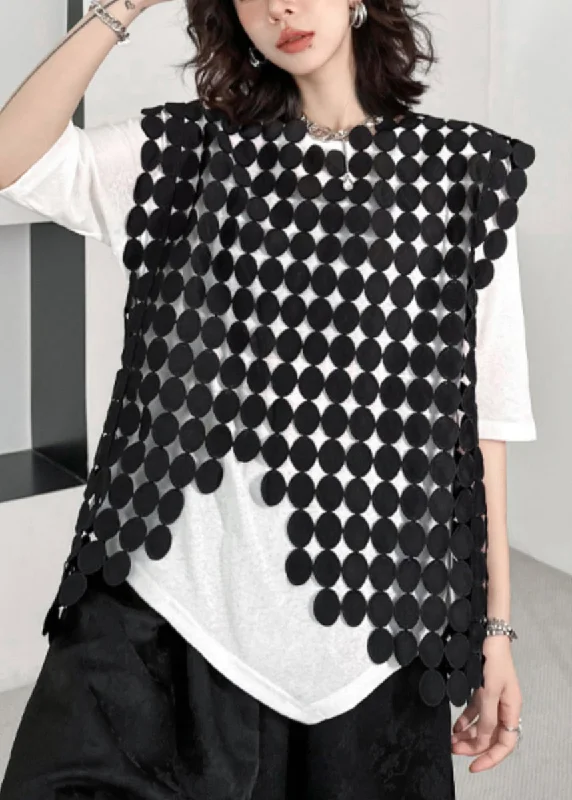 Women's Coats with Fur Trimmed CollarNew Black Asymmetrical Hollow Out Patchwork Cotton Waistcoat Sleeveless