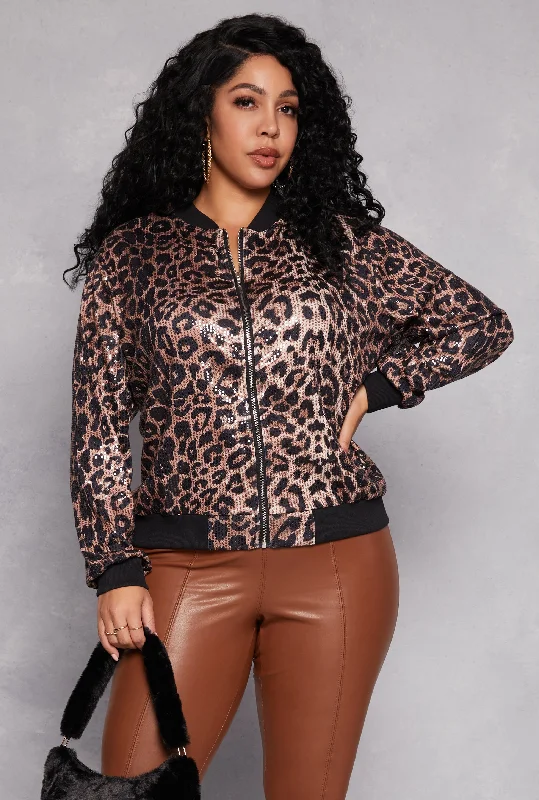 Women's Anorak CoatsPlus Size Leopard Sequin Bomber Jacket