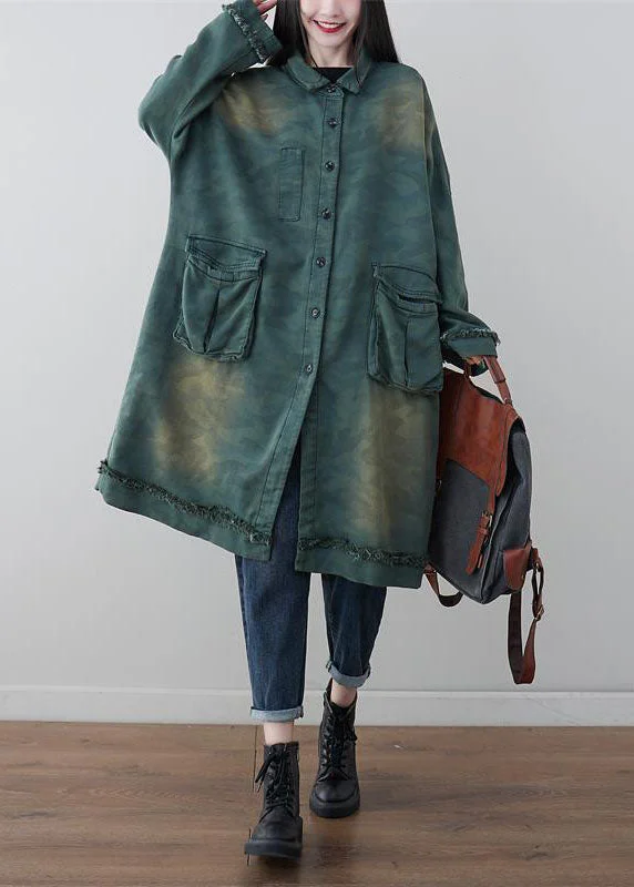 Women's Coats with Fur Trimmed SleevesModern Green Peter Pan Collar Patchwork Camouflage Print Cotton Coat Spring