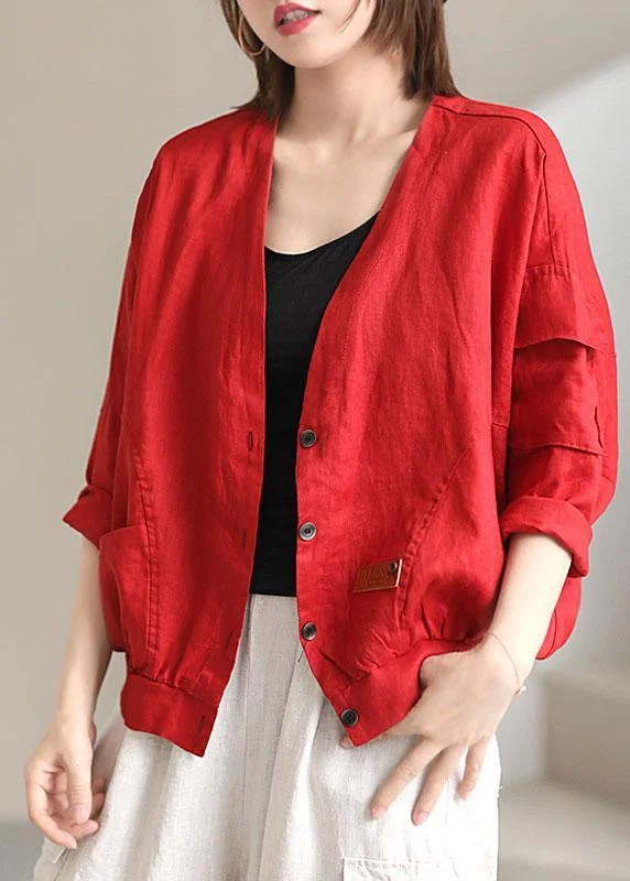 Women's Coats with CollarPlus Size Red V Neck Pockets Fall Coats Long sleeve