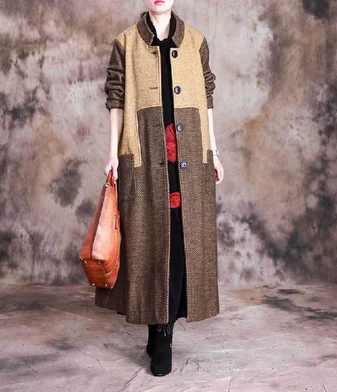 Women's Coats with Fur Trimmed SleevesOmychic Winter Fashion Stand Collar Patchwork Long Coat Ladies