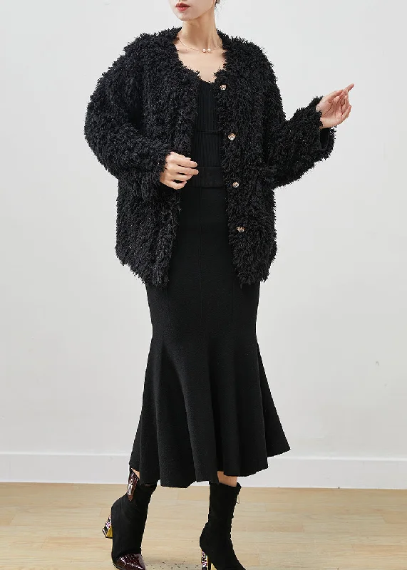 Women's Coats with Fur Trimmed ZipperModern Black Sequins Faux Fur Coats And Dress Two-Piece Set Winter