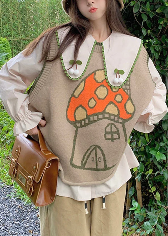 Women's Parka CoatsNovelty Khaki Print Knit Waistcoat And Shirts Two Piece Set Fall