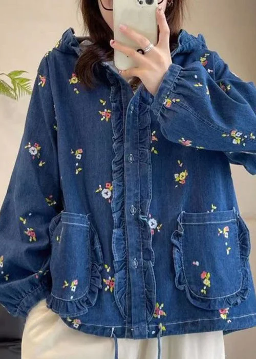 Women's Denim CoatsLoose Multi Hooded Ruffled Print Lace Up Denim Coat Spring