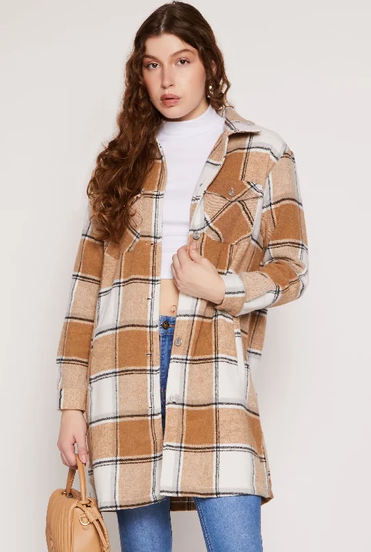 Women's Coats with SleevesSpoon Jeans Brushed Knit Plaid Long Shacket