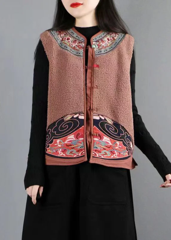 Women's Coats with Fur Trimmed HoodNew Coffee Embroideried Button Patchwork Teddy Faux Fur Waistcoat Fall