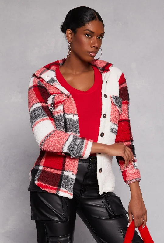 Women's Coats with Fur Trimmed HoodPlaid Sherpa Shacket