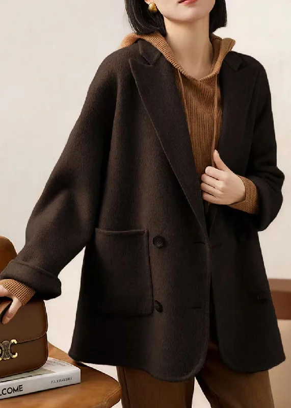 Women's Coats with Fur Trimmed ButtonsLoose Coffee Peter Pan Collar Pockets Patchwork Woolen Coats Winter