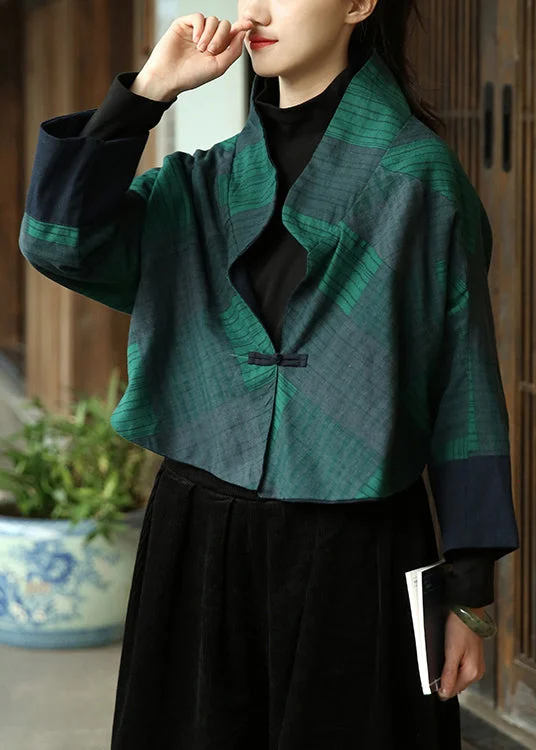 Women's Coats with Fur Trimmed ZipperLoose Green Plaid Button Patchwork Cotton Coat Fall