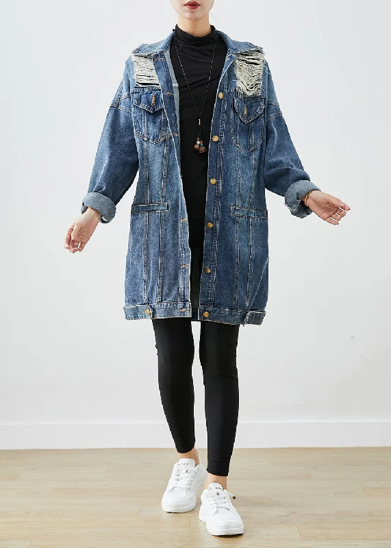 Women's PeacoatsModern Blue Oversized Denim Ripped Coat Outwear Fall