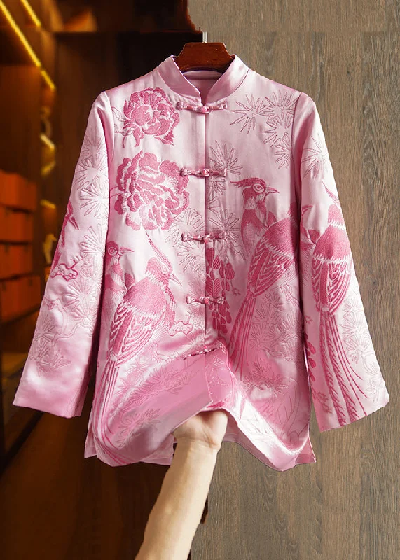 Women's Blazer CoatsNew Pink Embroideried Button Patchwork Silk Coats Fall