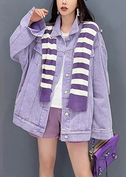 Women's Coats with Fur Trimmed ButtonsLoose Purple Peter Pan Collar Pockets Patchwork Denim Coat Fall