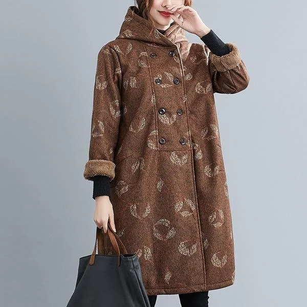 Women's Winter Coatsplus size wool vintage floral hooded casual loose long autumn winter coat for women jacket