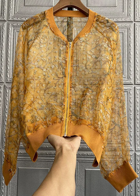 Women's Rain CoatsNew Yellow Embroideried Zippered Patchwork Silk Thin Coats Long Sleeve