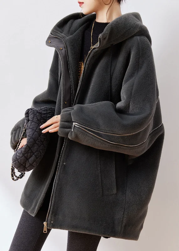 Women's Coats with Fur Trimmed HoodModern Dark Grey Zip Up Cotton Filled Mink Velvet Coats Winter