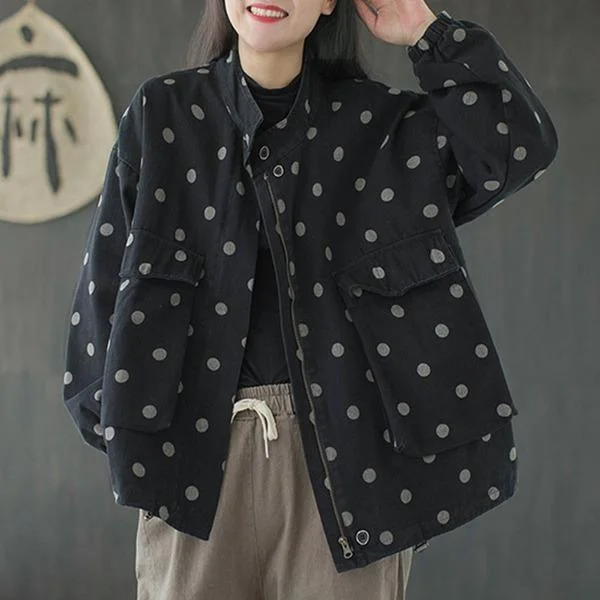 Women's Coats with PocketsNew All-match Retro Polka Dot Zipper Long Sleeve Coats Loose  Coat