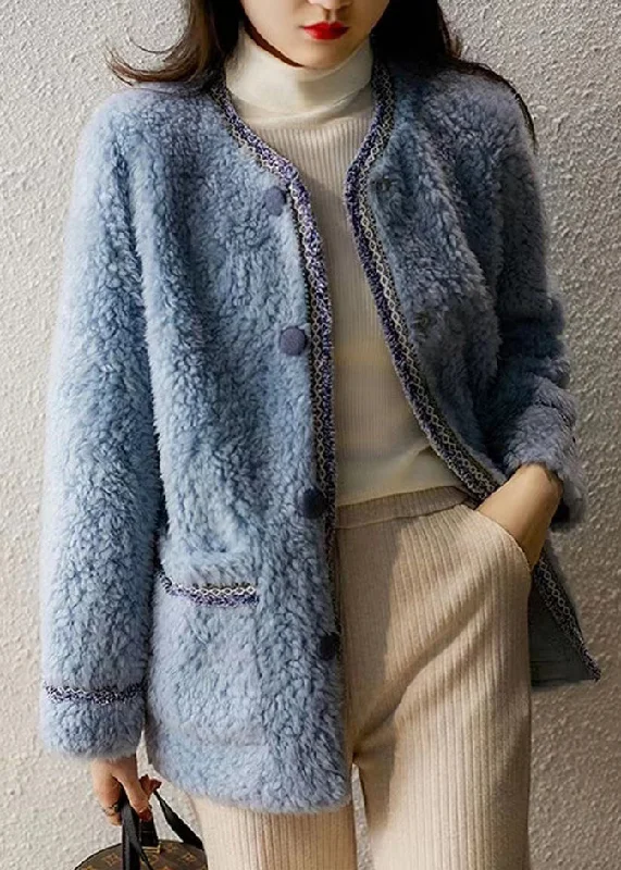 Women's Coats with Fur Trimmed HoodNew Blue O Neck Pockets Button Patchwork Woolen Coat Winter