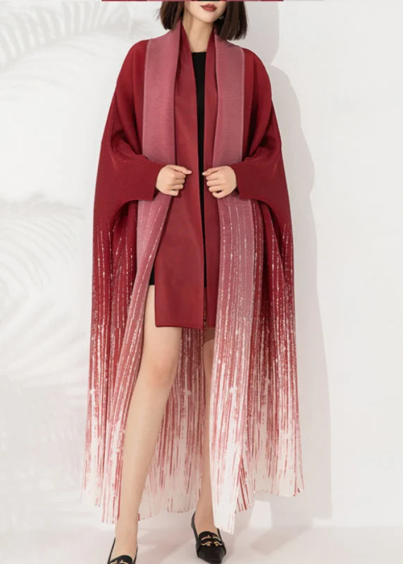 Women's Coats with Fur Trimmed CollarLoose Red V Neck Tie Waist Long Coat Fall