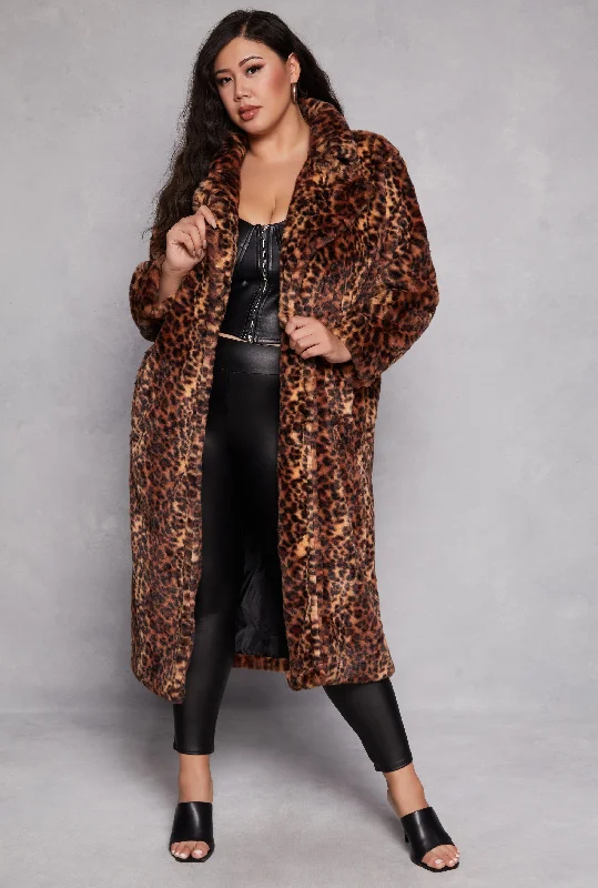 Women's Coats with Fur Trimmed CollarPlus Size Leopard Print Faux Fur Coat