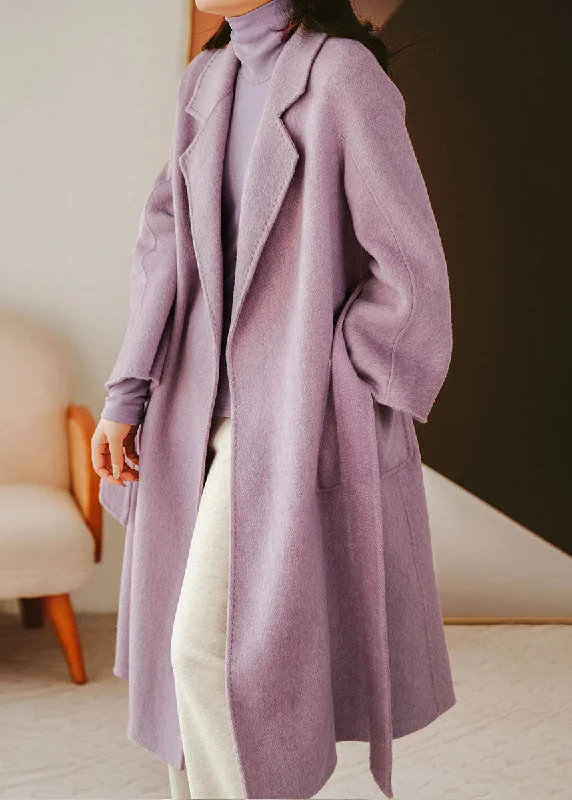 Women's Coats with Fur Trimmed BeltModern Purple Notched Collar Solid Color Sashes Woolen Coat Winter