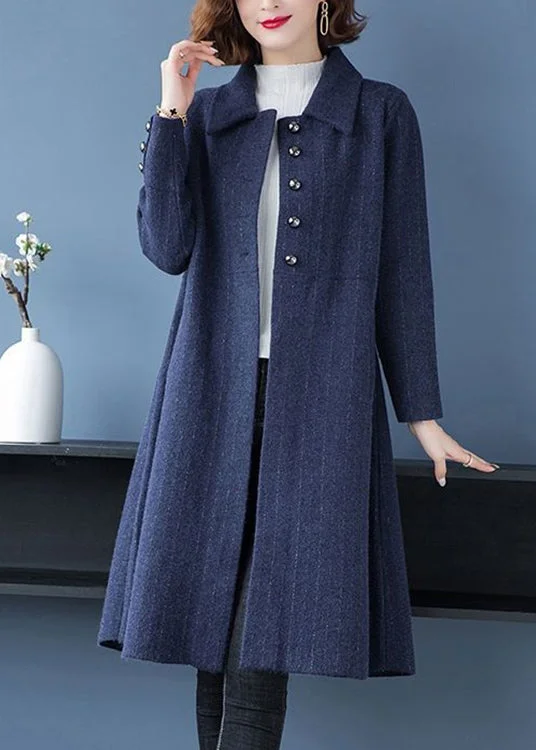 Women's Coats with BeltLoose Navy Peter Pan Collar Button Patchwork Woolen Coats Fall