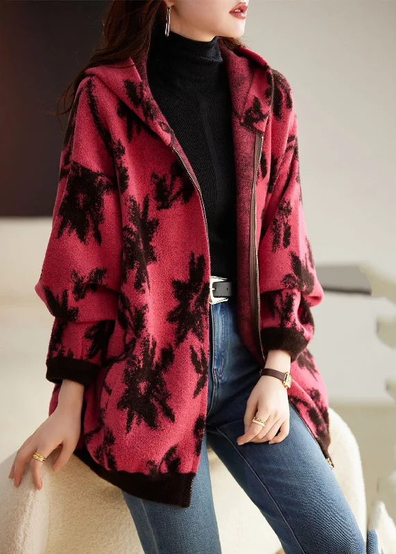 Women's Coats with Fur TrimModern Rose Print Zippered Thick Woolen Hoodies Coat Fall