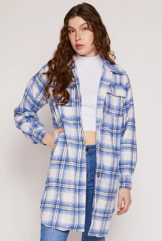 Women's Hooded CoatsSpoon Jeans Plaid Brushed Knit Long Shacket