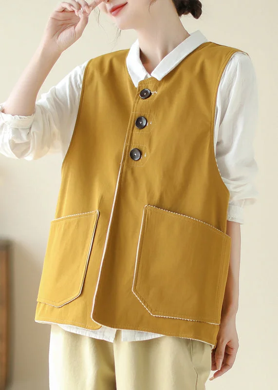 Women's Trench CoatsNew Yellow Pockets Wear On Both Sides Cotton Waistcoat Sleeveless