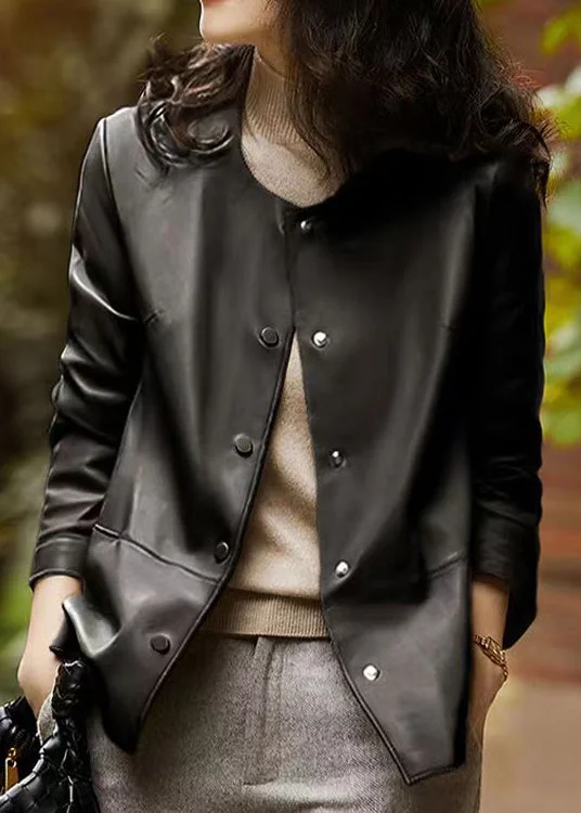 Women's Blazer CoatsNatural Black O Neck Button Patchwork Sheepskin Coats Fal