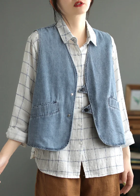 Women's Coats with Fur TrimmedLoose Light Blue V Neck Button Denim Waistcoat Fall