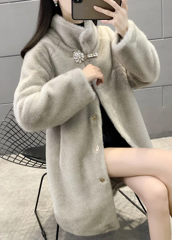 Women's Rain CoatsNew Grey Stand Button Collar Patchwork Fuzzy Fur Fluffy Coats Winter