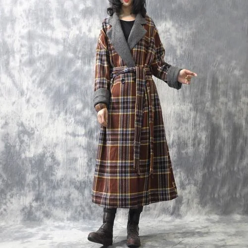 Women's Coats with Fur Trimmed ButtonsOmychic Winter Woolen Coat Plaid Patchwork Loose Long Coat Outerwear Ladies Fashion Plaid Coat Overcoat Female Topcoat 2019