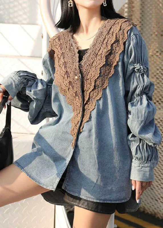 Women's Bomber CoatsModern Blue V Neck Wrinkled Lace Patchwork Denim Shirts Coat Spring