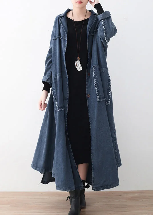 Women's Rain CoatsNatural Denim Blue Peter Pan Collar Patchwork Pockets Button Cotton Coats Long Sleeve