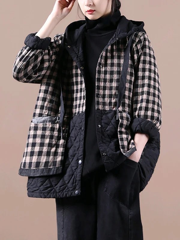 Women's Button-Up CoatsLoose Korean Style Plaid Hooded Colorblock Padded Coat