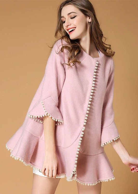 Women's Coats with HoodModern Pink Nail bead Ruffles Woolen Coats Spring