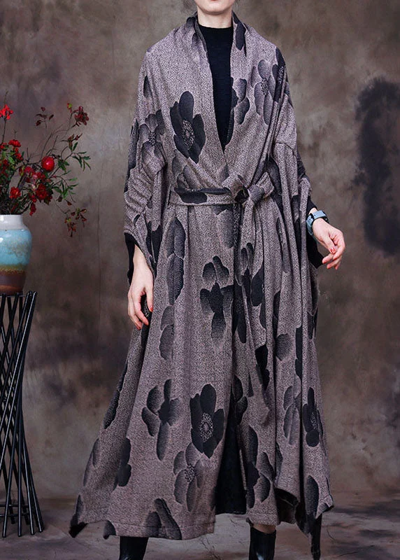 Women's Coats with Fur Trimmed SleevesModern Grey Asymmetrical Print Woolen Coat Winter