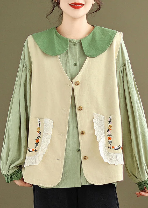 Women's Coats with Fur TrimNew Khaki Waistcoat And Green Ruffled Blouses Cotton 2 Piece Outfit Fall