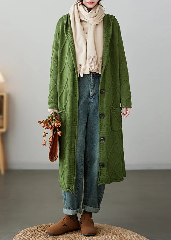 Women's Puffer CoatsLoose Green Hooded Pockets Patchwork Knit Cardigan Coat Fall