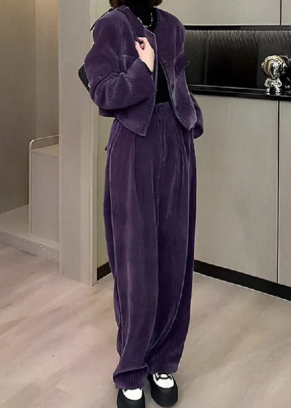 Stylish Women's CoatsModern Purple O-Neck Button Silk Velour Coats And Wide Leg Pants Two Pieces Set Fall