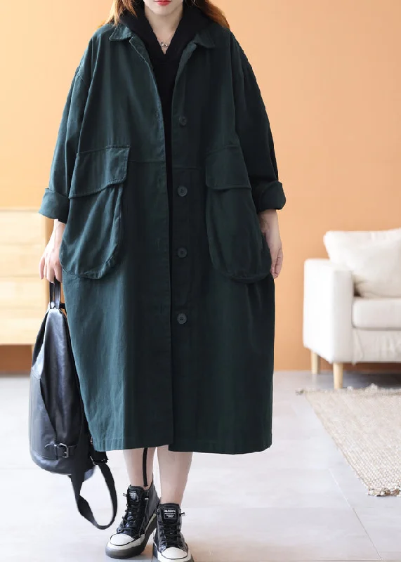 Women's Coats with PocketsNovelty Blackish Green Peter Pan Collar Pockets Cotton Trench Coats Long Sleeve