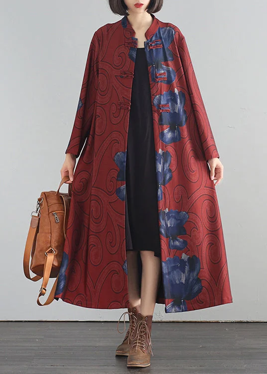 Women's Hooded CoatsNovelty Red Stand Collar Print Button Silk Cotton Trench Coats Fall