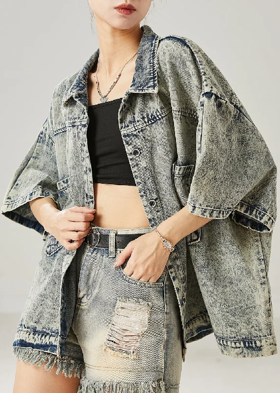 Women's Coats with ButtonsModern Grey Oversized Pockets Denim Jacket Summer