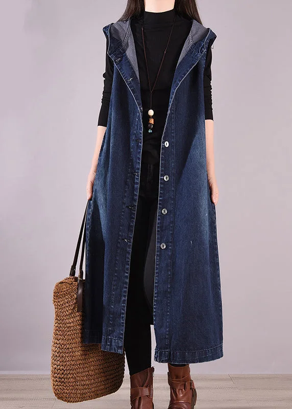 Women's Trench CoatsLoose Navy Hooded Button Denim Waistcoat Long Coats Sleeveless